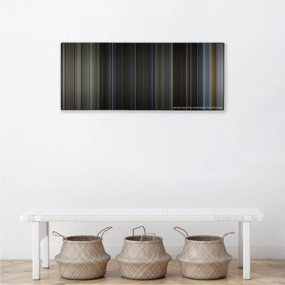 Bright color palette canvas above a white bench with three woven baskets