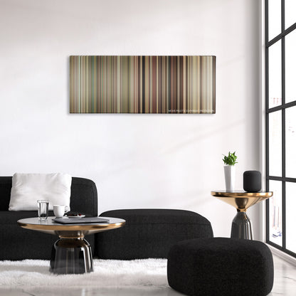 Death at a Funeral color palette canvas above a black sofa with a gold-topped table