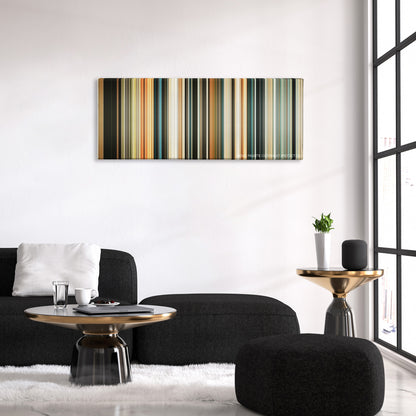 Allegiant color palette canvas above a black sofa with a gold-topped table