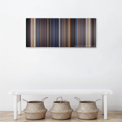 Deep Impact color palette canvas above a white bench with three woven baskets