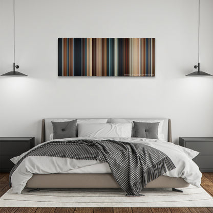 Thor color palette canvas above a bed, between two black pendant lamps