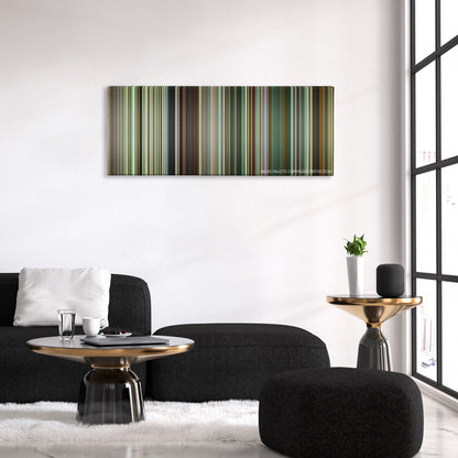 Trance color palette canvas above a black sofa with a gold-topped table