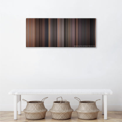 Rear Window color palette canvas above a white bench with three woven baskets