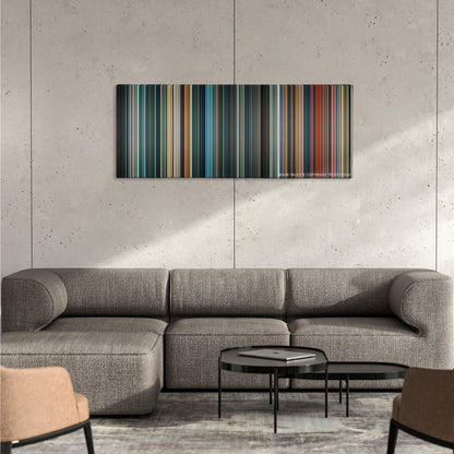 Justice League color palette canvas on a concrete wall above a gray sectional sofa