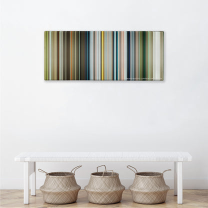 Life of Pi color palette canvas above a white bench with three woven baskets