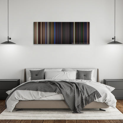 Beetlejuice color palette canvas above a bed, between two black pendant lamps