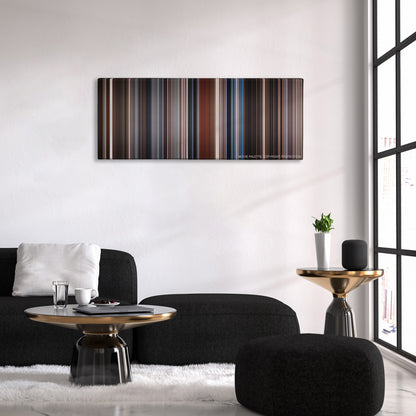 The Usual Suspects color palette canvas above a black sofa with a gold-topped table