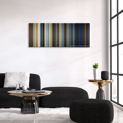 Homefront color palette canvas above a black sofa with a gold-topped table