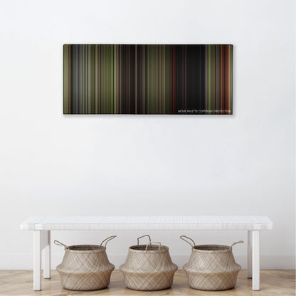Wrong Turn color palette canvas above a white bench with three woven baskets