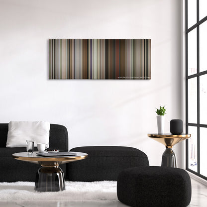 Borat Subsequent Moviefilm color palette canvas above a black sofa with a gold-topped table