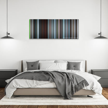 The Jacket color palette canvas above a bed, between two black pendant lamps