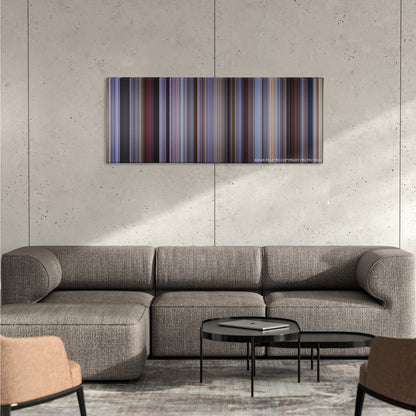 The 40-Year-Old Virgin color palette canvas on a concrete wall above a gray sectional sofa