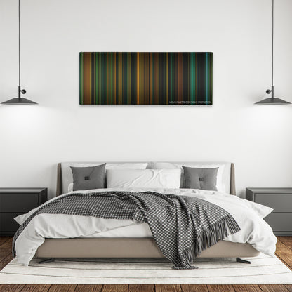 Green Room color palette canvas above a bed, between two black pendant lamps