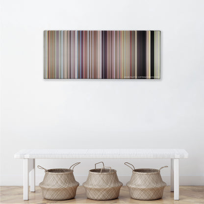 Napoleon Dynamite color palette canvas above a white bench with three woven baskets