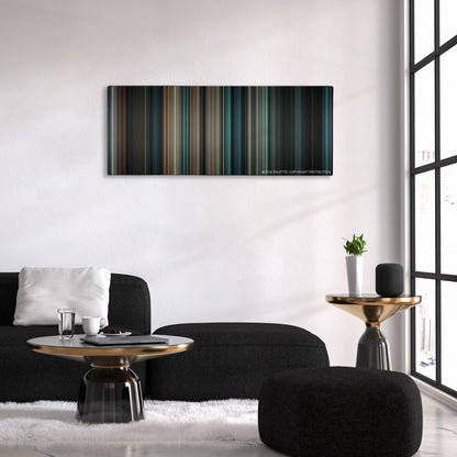 Super 8 color palette canvas above a black sofa with a gold-topped table