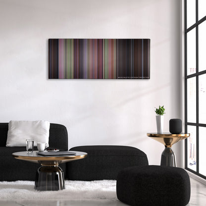 Scream 2 color palette canvas above a black sofa with a gold-topped table