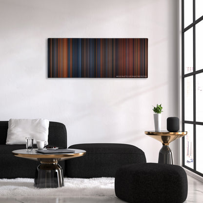 The Polar Express color palette canvas above a black sofa with a gold-topped table