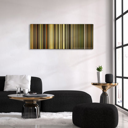 Dangal color palette canvas above a black sofa with a gold-topped table