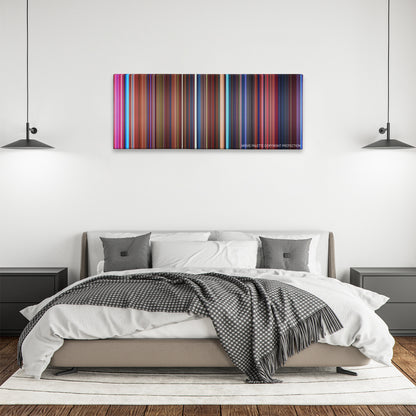 Hotel Transylvania 2 color palette canvas above a bed, between two black pendant lamps