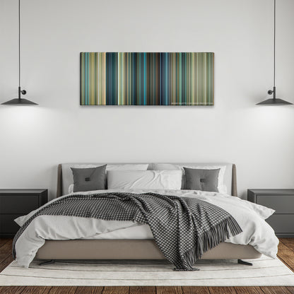 Transformers color palette canvas above a bed, between two black pendant lamps