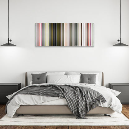 The Two Popes color palette canvas above a bed, between two black pendant lamps