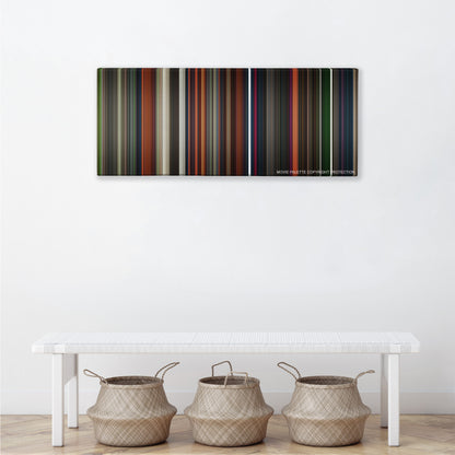 Coraline color palette canvas above a white bench with three woven baskets