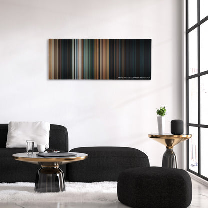 Halloween color palette canvas above a black sofa with a gold-topped table