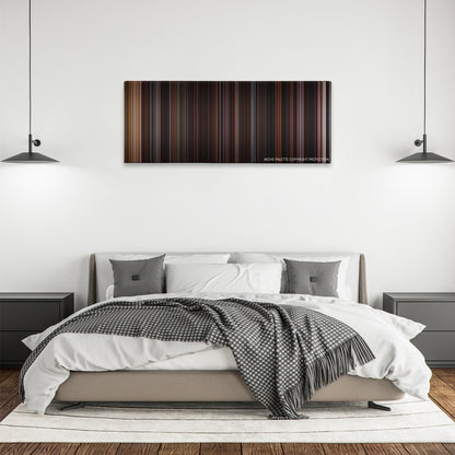 Red Riding Hood color palette canvas above a bed, between two black pendant lamps