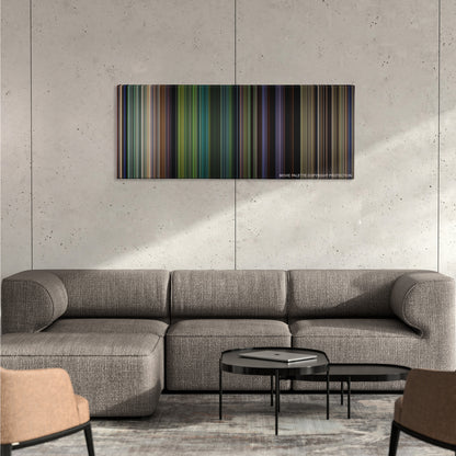 Tropic Thunder color palette canvas on a concrete wall above a gray sectional sofa
