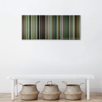 Trance color palette canvas above a white bench with three woven baskets