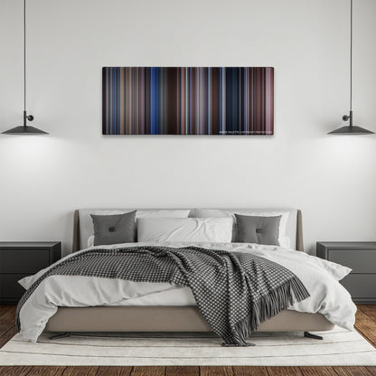 The Bodyguard color palette canvas above a bed, between two black pendant lamps