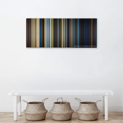 Homefront color palette canvas above a white bench with three woven baskets