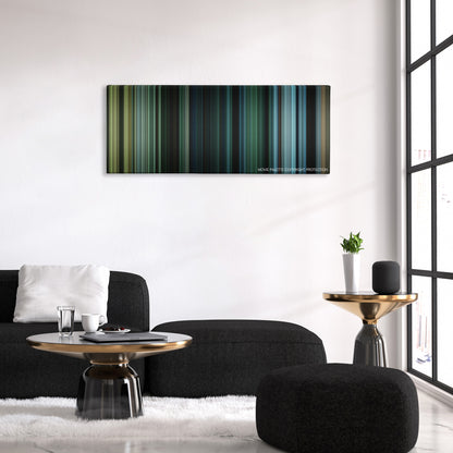 Triple Frontier color palette canvas above a black sofa with a gold-topped table