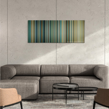 Transformers: Revenge of the Fallen color palette canvas on a concrete wall above a gray sectional sofa