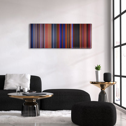 The Hunchback of Notre Dame color palette canvas above a black sofa with a gold-topped table
