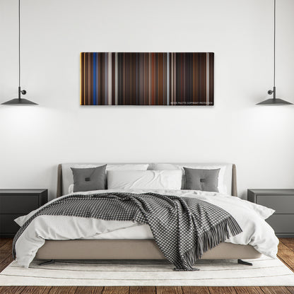 Night at the Museum: Secret of the Tomb color palette canvas above a bed, between two black pendant lamps