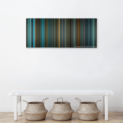 Blade Runner color palette canvas above a white bench with three woven baskets