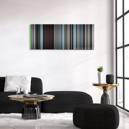 The Jacket color palette canvas above a black sofa with a gold-topped table