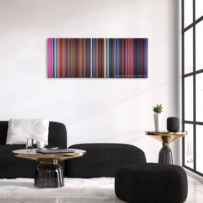 Hotel Transylvania 2 color palette canvas above a black sofa with a gold-topped table