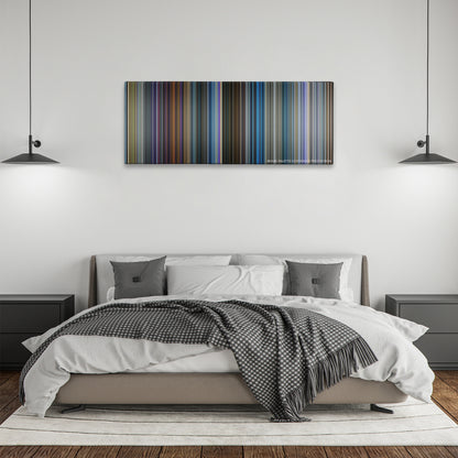 Pokemon Detective Pikachu color palette canvas above a bed, between two black pendant lamps