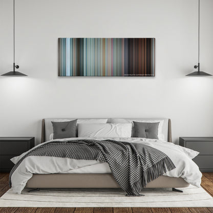 Shaun of the Dead color palette canvas above a bed, between two black pendant lamps