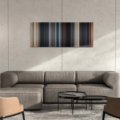 Fast & Furious 6 color palette canvas on a concrete wall above a gray sectional sofa