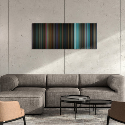 John Wick: Chapter 2 color palette canvas on a concrete wall above a gray sectional sofa