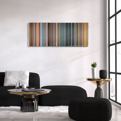 Hard Candy color palette canvas above a black sofa with a gold-topped table