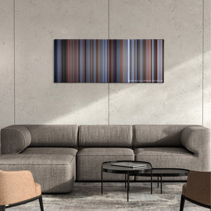 Home Alone 3 color palette canvas on a concrete wall above a gray sectional sofa