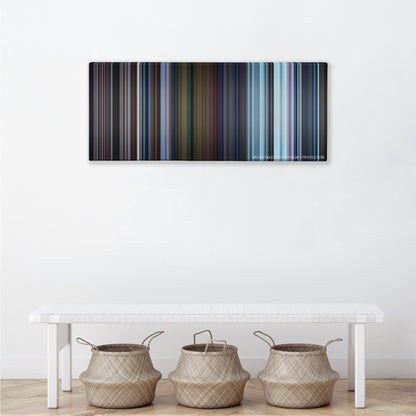 Charlie and the Chocolate Factory color palette canvas above a white bench with three woven baskets