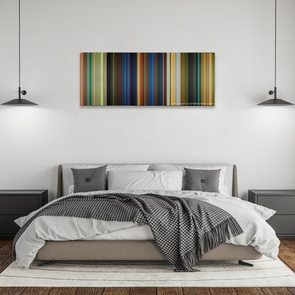 Kung Fu Panda color palette canvas above a bed, between two black pendant lamps