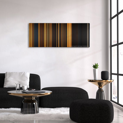 Riddick color palette canvas above a black sofa with a gold-topped table