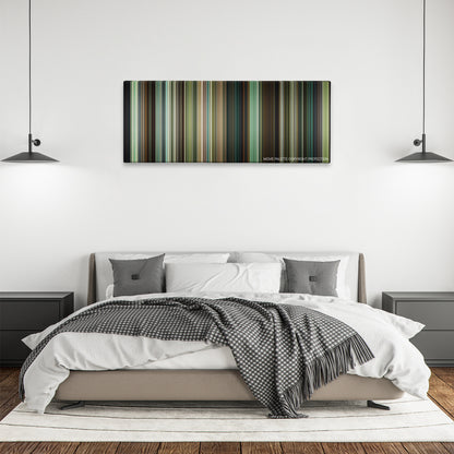 Out of the Furnace color palette canvas above a bed, between two black pendant lamps