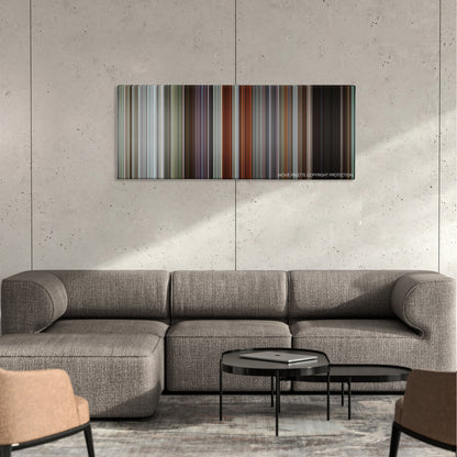 Final Destination 5 color palette canvas on a concrete wall above a gray sectional sofa